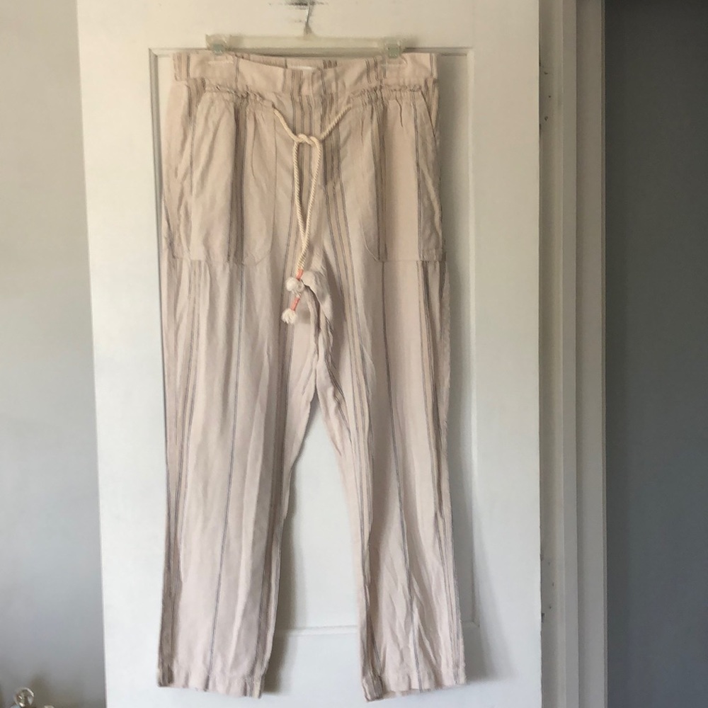 Anthropologie striped cotton/linen pants. Size medium. Pockets. Tan,cream. NWOT.